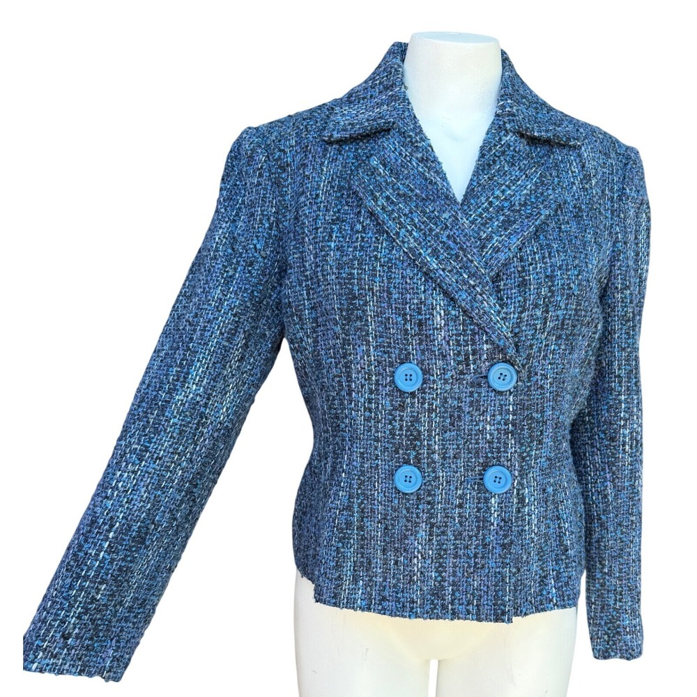 Chadwicks Blazer‎ 12P Blue Tweed Double Breasted Wool Blend Petite Jacket Office